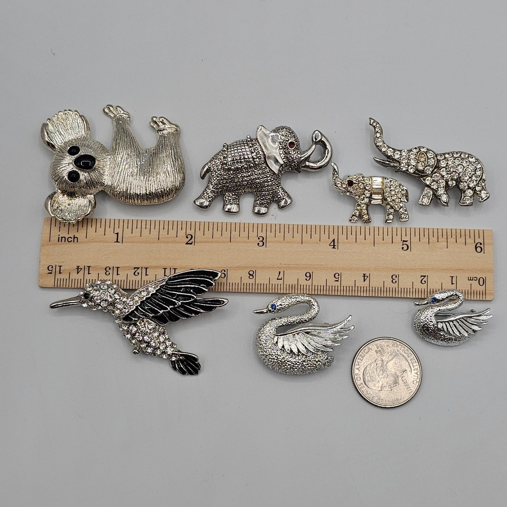 Vtg Lot Silver Tone Black Rhinestone Animal Brooch Figural Elephants Birds Koala - Picture 3 of 16